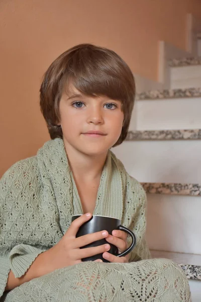 Portrait Young Boy Cup Tea — Stock Fotó