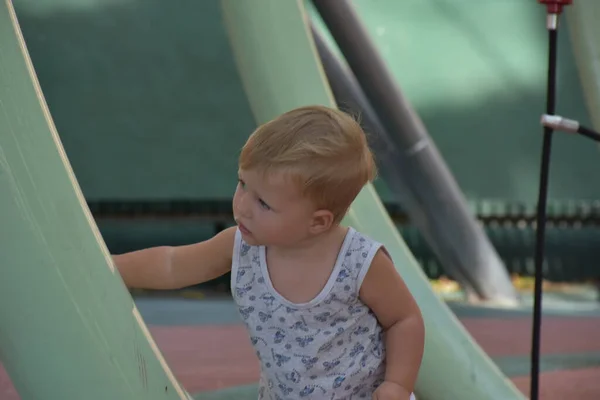 Cute Toddler Boy Having Fun Outdoors Playground — Foto de Stock