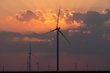 Rüzgar türbinlerinin siluetleri Sunset Gölü 'nün arkasındaki çiftlikte..