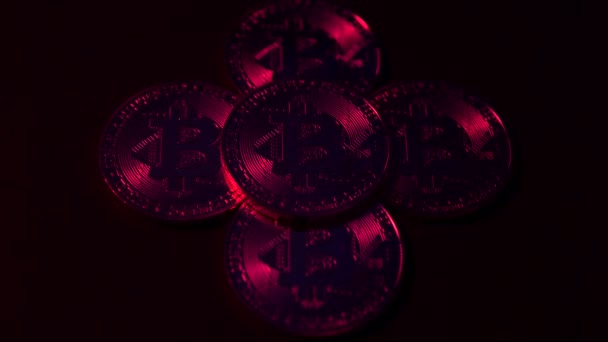 Ψηφιακό Bitcoin νόμισμα περιστρέφεται με ένα άλλο Bitcoins στη μαύρη επιφάνεια. Κόκκινο και μπλε νέον φως — Αρχείο Βίντεο
