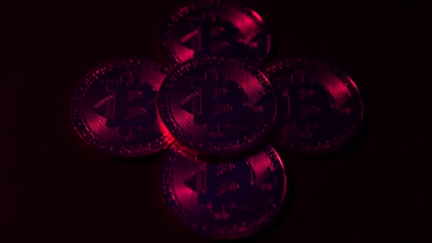 Digitale munt Bitcoin draait met een andere Bitcoins op het zwarte oppervlak. Rood en blauw neon licht — Stockvideo