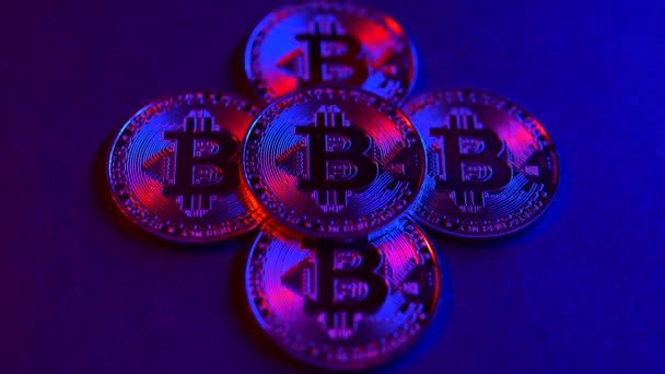 Moneta digitale Bitcoin ruota con un altro Bitcoin sulla superficie nera. Luce al neon rosa e blu — Video Stock