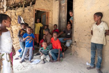 Pemba Adası, Zanzibar, Tanzanya - Ocak 2020: Uzak köydeki Evlerinin Yakınındaki Genç Neşeli Afrikalı Çocuklar