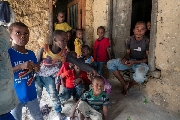 Isola di Pemba, Zanzibar, Tanzania - gennaio 2020: Giovani allegri bambini africani in un villaggio remoto vicino alla loro casa povera di base — Foto Stock