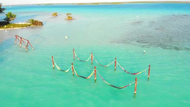 Cenotuj Cocalitos. Huśtawki i hamaki w turkusowej wodzie siedmiu kolorowych lagunów niedaleko Bacalar, Quintana Roo, Meksyk — Wideo stockowe