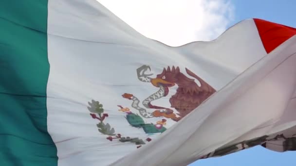Stora mexikanska flaggan svävar på vinden i slow motion. Närbild. — Stockvideo