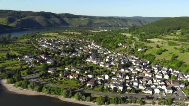 Aerial View Beautiful River Bow Curve Boppard Rhine River Middle — Vídeos de Stock