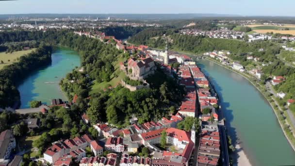Aerial View Worlds Longest Castle Burghausen Germany Summer Border Austria — ストック動画