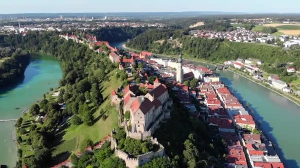 Aerial View Worlds Longest Castle Burghausen Germany Summer Border Austria — Stockvideo