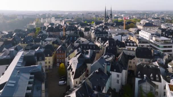 Flygfoto Det Historiska Centrumet Luxemburg Huvudstaden Kungariket Luxemburg Morgonljuset — Stockvideo