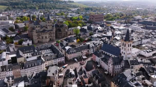 Aerial Drone Shot City Center Trier Rheinland Pfalz Dia Outono — Vídeo de Stock