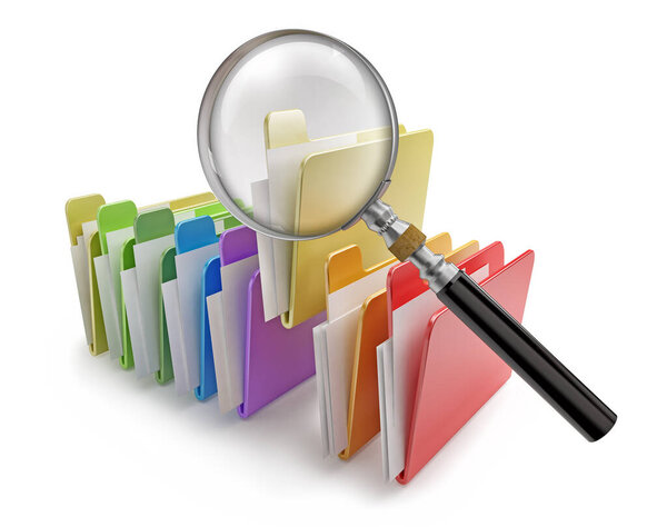 folders and loupe on white background