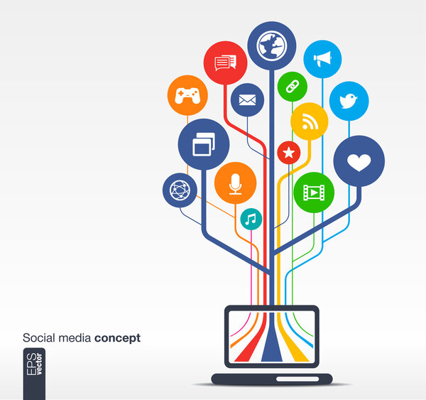 Фон с ноутбуком, линиями, кругами и иконками
.