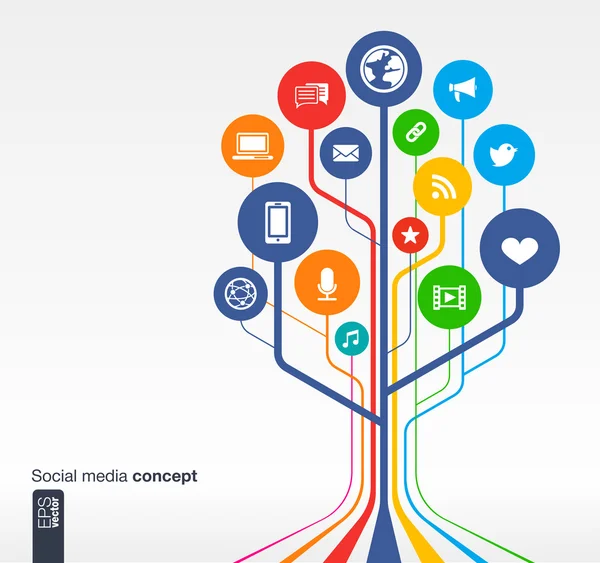 Fondo de medios sociales con líneas, círculos e iconos — Archivo Imágenes Vectoriales