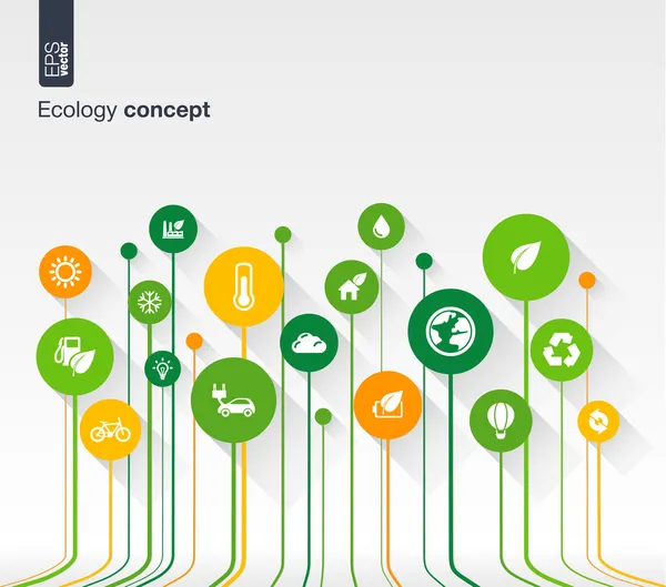 Sfondo astratto ecologia con linee, cerchi e icone piatte — Vettoriale Stock