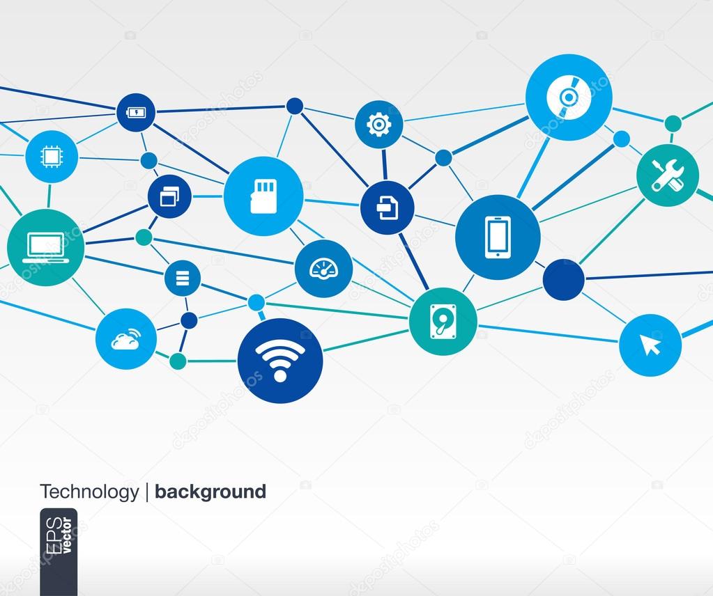 Abstract technology background with lines, circles and flat icons