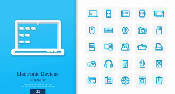 Vector 3d realistische stijl pictogrammen ingesteld met digitale technologie, elektronica lijn symbool — Stockvector