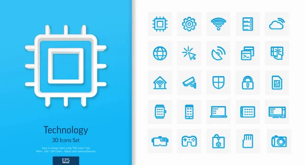 Vector 3d iconos de estilo realista conjunto con tecnología digital, símbolo de línea de computación — Archivo Imágenes Vectoriales