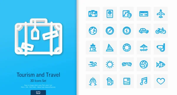 Vector 3d ícones de estilo realista conjunto com viagens, símbolo de linha de turismo — Vetor de Stock