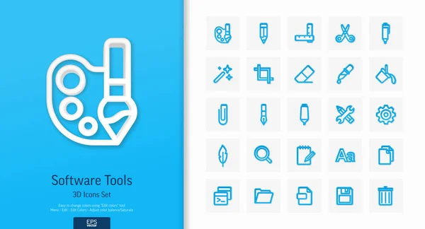 Vector 3D realistische stijl pictogrammen set en grafisch ontwerp elementen. Illustratie met tekst bewerken, grafische software tools lijn symbool — Stockvector