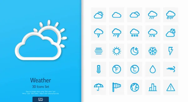 Wektor 3d realistyczne ikony stylu zestaw z pogodą i symbol linii meteorologicznej — Wektor stockowy