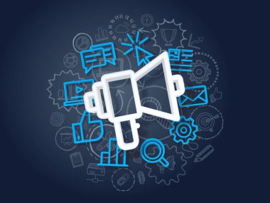 Dijital Pazarlama konsepti için modern megafon ve farklı simgeler çizimi.