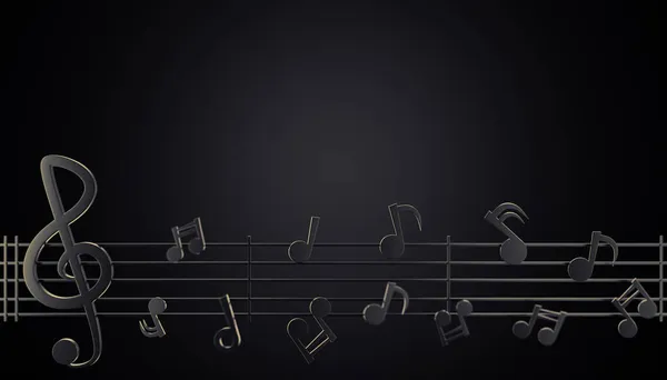 Siyah notalar şarkının melodisi boyunca koyu bir arka planda akıyordu. Üstteki metin veya başlık için boşluk kopyala. Müzik ve estetik ritim kavramı. 3B illüstrasyon oluşturma.