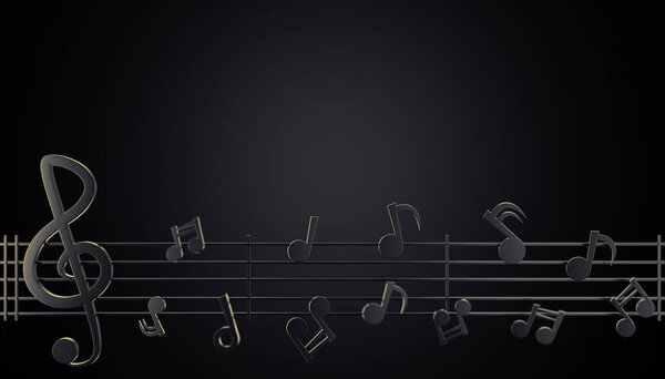 Black music notes flowing along the lines of the song melody in a dark background. Copy space for your text or title on top. The concept of music and aesthetic rhythm. 3D illustration rendering.