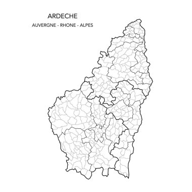 Fransız Ardeche Bölümü 'nün 2022 yılı itibariyle Arrondissements, Cantons and Municipities dahil olmak üzere coğrafi alt bölümlerinin vektör haritası - Auvergne-Rhone-Alpes - Fransa