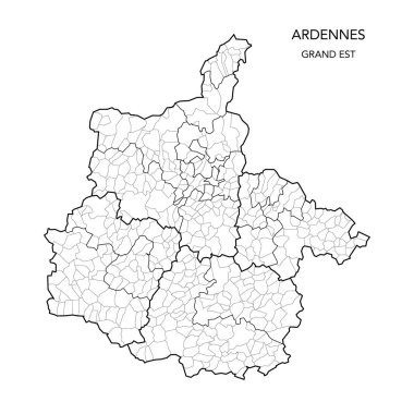 Fransa Ardennes Bölümü Jeopolitik Daire Haritası 'nda 2022 itibariyle Arrondissements, Kantonlar ve Belediyeler de dahil olmak üzere