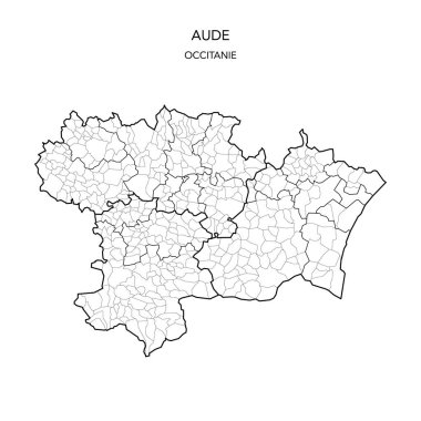 Fransız Bölümü Aude 'nin 2022 yılı itibariyle Arrondissements, Cantons and Municipities dahil olmak üzere jeopolitik alt bölümlerinin vektör haritası - Occitanie - Fransa