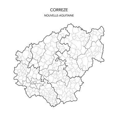 Fransa 'nın Correze Bölümü Jeopolitik Bölümü' nün 2022 yılı itibariyle Arrondissements, Cantons and Municipities dahil olmak üzere Vektör Haritası