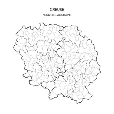Fransız Creuse Departmanı 'nın 2022 itibariyle Arrondissements, Cantons and Municipities dahil olmak üzere jeopolitik alt bölümlerinin vektör haritası - Fransa