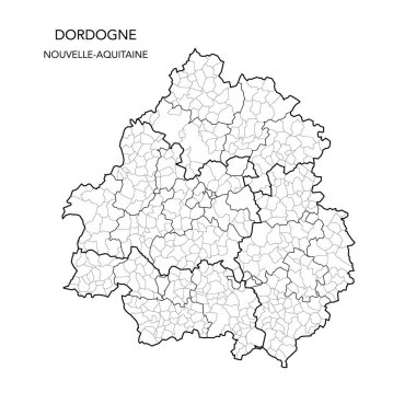 Fransa 'nın Dordogne Bölümü' nün 2022 yılı itibariyle Arrondissements, Cantons ve Belediyelerini kapsayan jeopolitik alt bölümlerinin vektör haritası