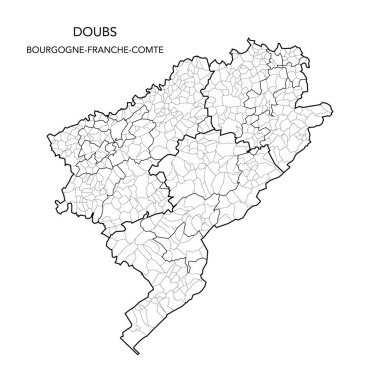 Fransız Doubs Departmanı 'nın 2022 itibariyle Arrondissements, Cantons and Municipities dahil olmak üzere jeopolitik alt bölümlerinin vektör haritası - Bourgogne-Franche-Comte - Fransa