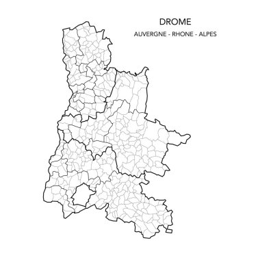 Fransız Drome Departmanı 'nın 2022 yılı itibariyle Arrondissements, Cantons and Municipities dahil olmak üzere jeopolitik alt bölümlerinin vektör haritası - Fransa