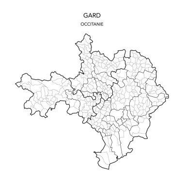 Fransız Gard Departmanı 'nın 2022 itibarıyla Arrondissements, Cantons and Municipities dahil olmak üzere jeopolitik alt bölümlerinin vektör haritası - Occitanie - Fransa