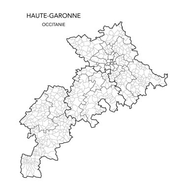 Fransa 'nın Haute-Garonne Bölümü' nün 2022 yılı itibariyle Arrondissements, Cantons and Municipities dahil olmak üzere jeopolitik alt bölümlerinin vektör haritası