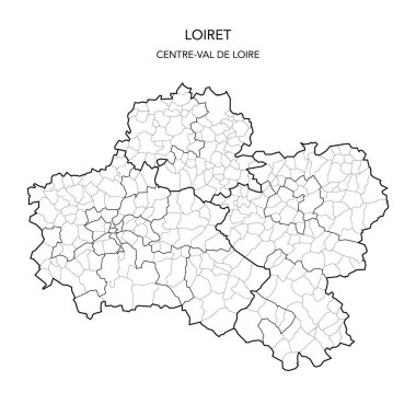 Fransa 'nın Loiret Bölümü' nün 2022 yılı itibariyle Arrondissements, Cantons ve Belediyelerini kapsayan jeopolitik alt bölümlerinin vektör haritası