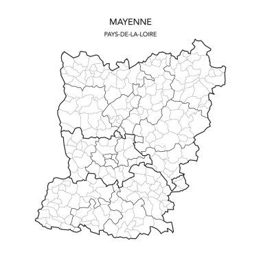 Mayenne Fransız Bölümü 'nün 2022 yılı itibariyle Arrondissements, Cantons ve Belediyelerini kapsayan Jeopolitik Dairelerinin Vektör Haritası
