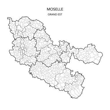Fransa 'nın Moselle Bölümü' nün jeopolitik alt birimlerinin 2022 yılı itibariyle Arrondissements, Cantons ve Belediyelerini içeren Vektör Haritası