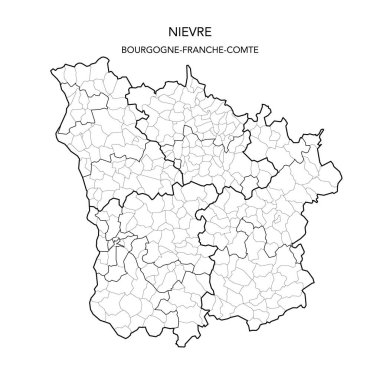 Fransa 'nın Nievre Bölümü Jeopolitik Bölümü' nün 2022 tarihli Vektör Haritası Arrondissements, Cantons and Municipities - Bourgogne-Franche-Comte - Fransa