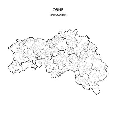 Fransa 'nın Orne Bölümü' nün 2022 yılı itibariyle Arrondissements, Cantons and Municipities dahil olmak üzere jeopolitik alt birimlerinin vektör haritası