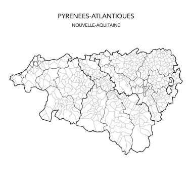Fransız Pireneler Departmanı 'nın 2022 yılı itibariyle Arrondissements, Cantons and Municipities dahil olmak üzere Atlantik Jeopolitik Dairelerinin Vektör Haritası - Fransa