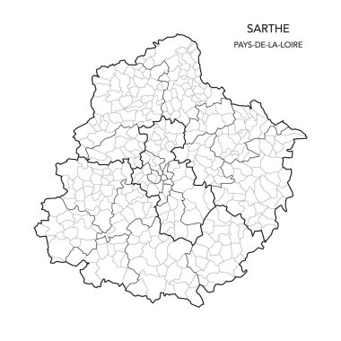 Fransız Sarthe Departmanı 'nın 2022 itibariyle Arrondissements, Cantons and Municipities dahil olmak üzere jeopolitik alt bölümlerinin vektör haritası - Pays De La Loire - Fransa