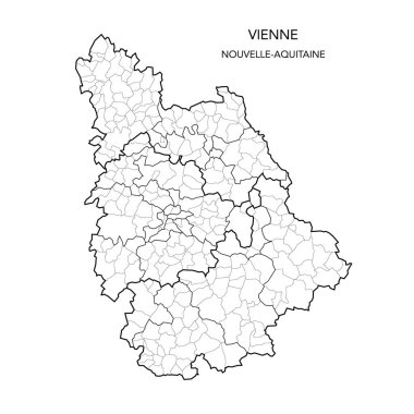 Fransız Vienne Departmanı 'nın 2022 yılı itibariyle Arrondissements, Cantons and Municipities dahil olmak üzere Jeopolitik Alt Bölümlerinin Vektör Haritası