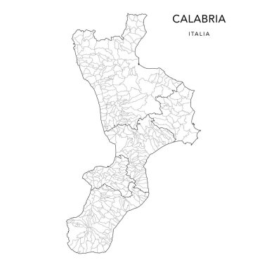 2022 itibarıyla Calabria Bölgesi Jeopolitik Alt Bölgelerinin İl ve Belediyelerle (Comuni) Vektör Haritası - İtalya