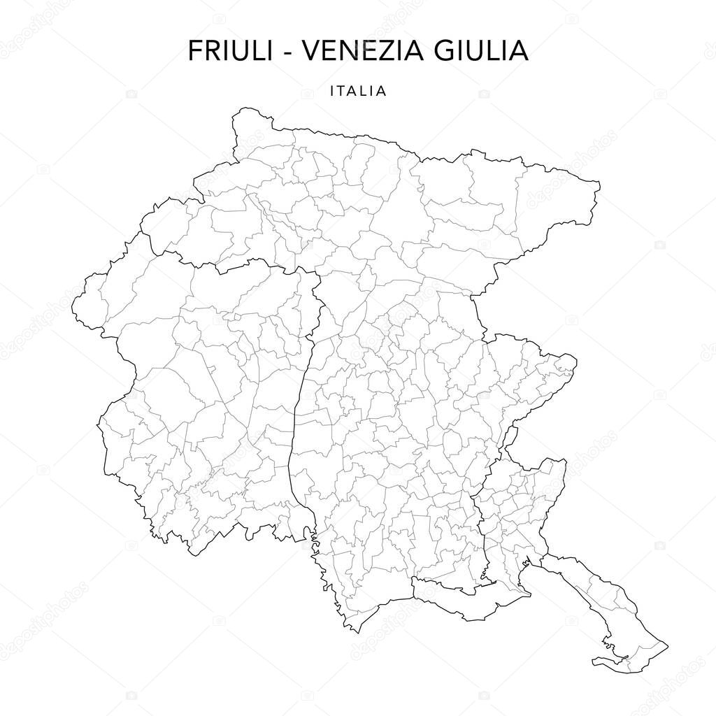 Vector Map of the Geopolitical Subdivisions of the Region of Friuli-Venezia Giulia with Provinces and Municipalities (Comuni) as of 2022 - Italy