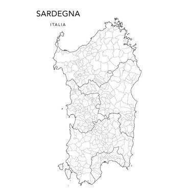 2022 itibarıyla Sardinya Bölgesi 'nin (Sardegna) Vilayetler ve Belediyelerle (Comuni) Jeopolitik Alt Bölgelerinin Vektör Haritası (Comuni)