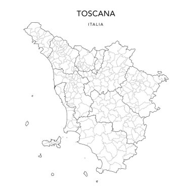 2022 itibarıyla Toscana Bölgesi Jeopolitik Alt Bölgeleri 'nin (Toscana) İl ve Belediyelerle (Comuni) Vektör Haritası